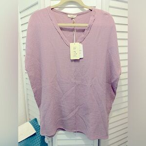 La Miel Women’s Cotton Gauze “Raw Edges TunicTop” Size Medium Lilac V-neck NWT